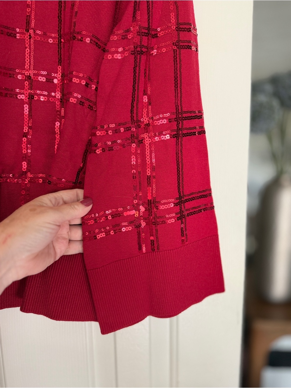 Chico's Red Sequin Plaid Knit Pullover. Chicos 2 (US L) - Picture 2 of 6